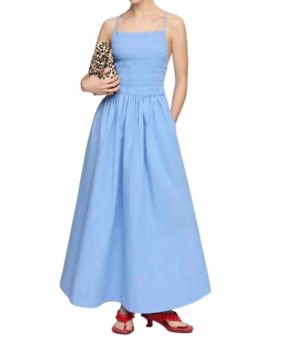 NEW GANNI compact poplin long smocked dress in azurine